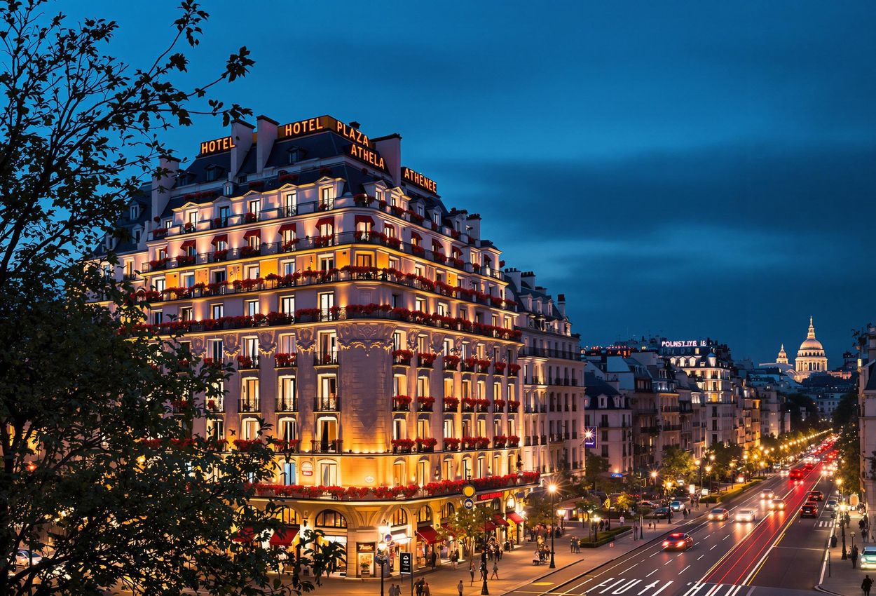 A stunning twilight photograph of the Hôtel Plaza Athénée in Paris, showcasing its architectural beauty and the city