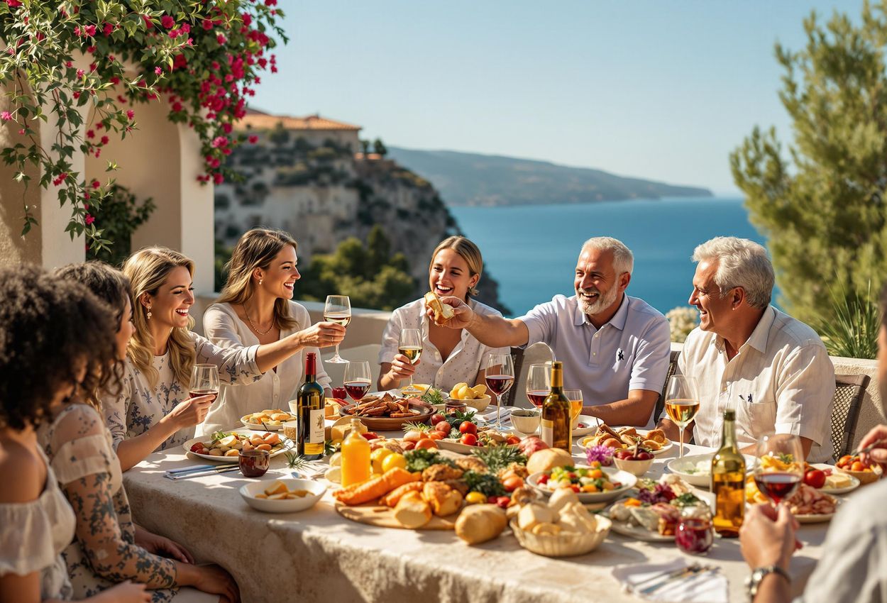 A heartwarming photograph capturing a group of friends and family enjoying a festive meal at a beautiful villa in the Mediterranean.