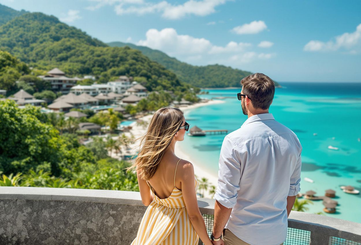 A couple is captured in a candid moment at the Four Seasons Resort Koh Samui, a filming location for 