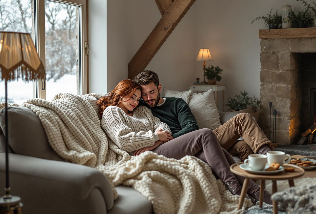 A photograph captures a couple snuggled in a warm, rustic cabin in the Cotswolds, with a crackling fire and snow-covered landscape visible through the window.