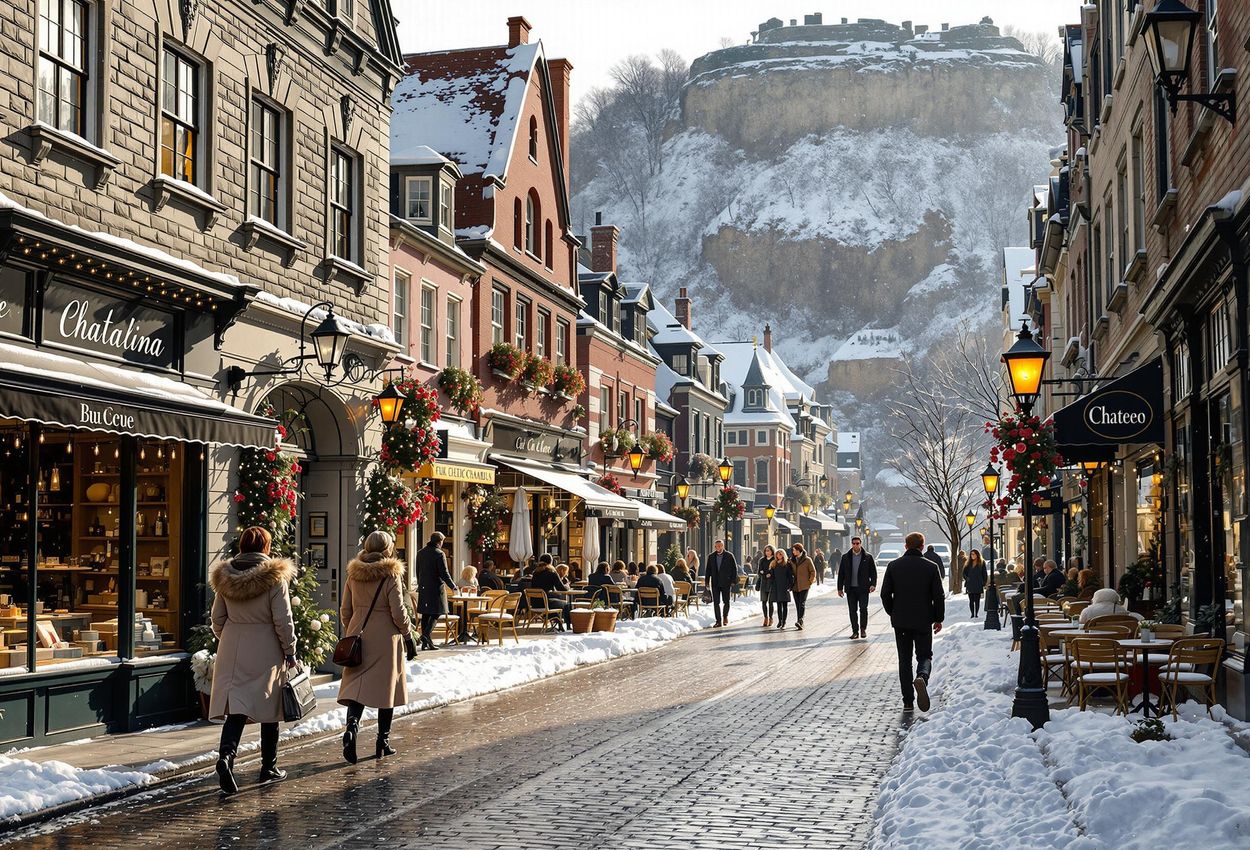 A captivating photograph of Rue du Petit-Champlain in Old Quebec, showcasing its historic architecture, vibrant street life, and enchanting winter ambiance.