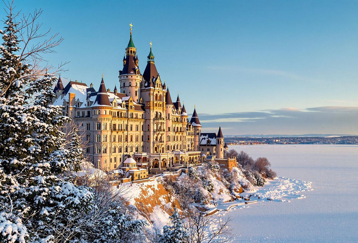 An eye-level photograph of the Fairmont Le Château Frontenac in Quebec City, showcasing its fairytale architecture and winter setting.
