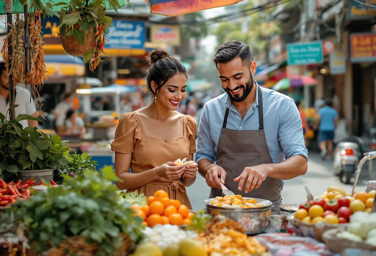 A captivating photo of a couple experiencing a street food tour in Bangkok, Thailand, showcasing the vibrant colors and flavors of Thai cuisine.