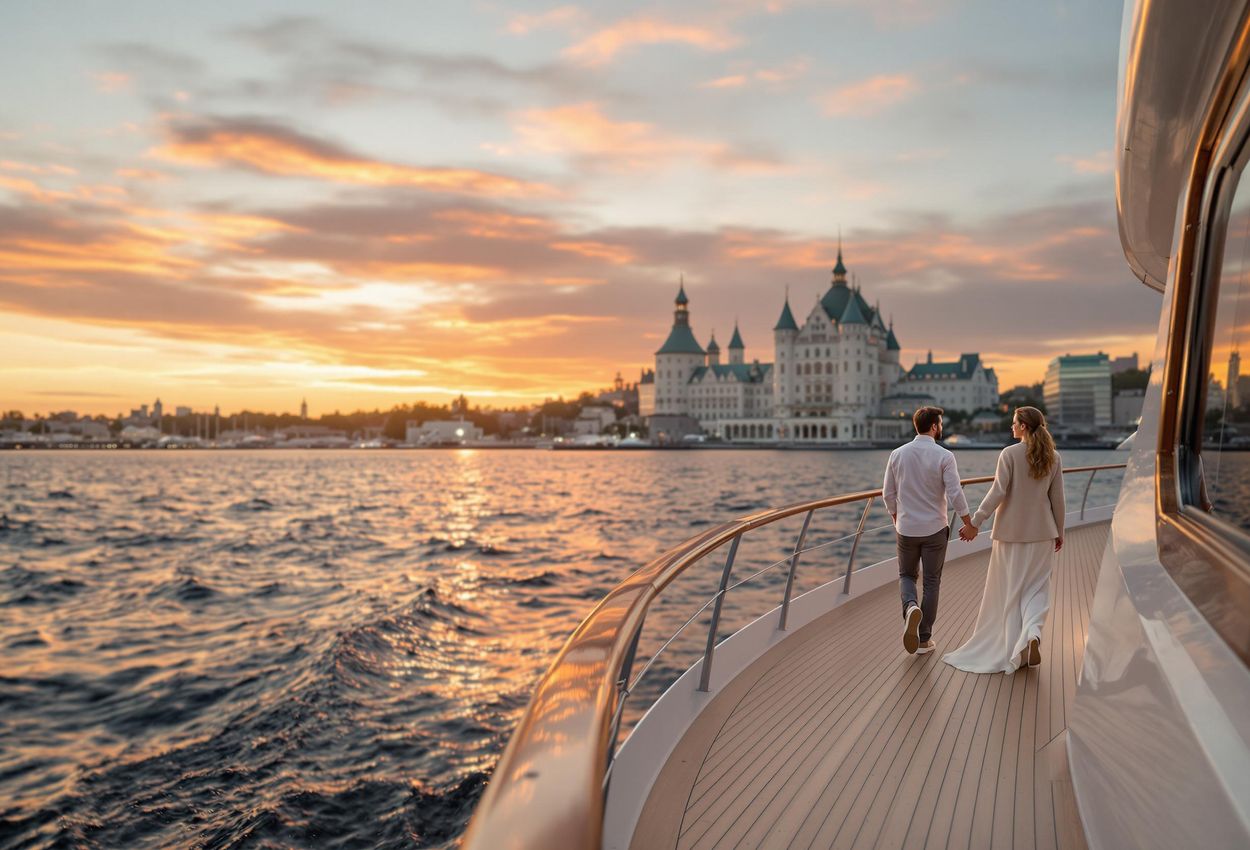A captivating photograph of a couple enjoying a sunset cruise on the St. Lawrence River, with the stunning Quebec City skyline as a backdrop.