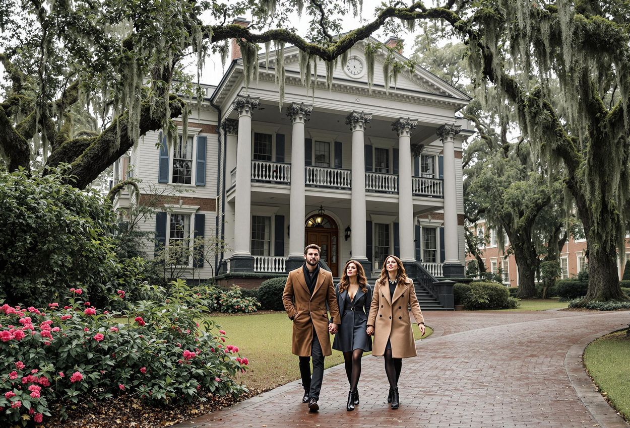 A photograph of the historic Sorrel-Weed House in Savannah, Georgia, with a couple strolling in Madison Square. The image captures the architectural details of the house, the lush greenery, and the romantic yet slightly eerie atmosphere of Savannah.