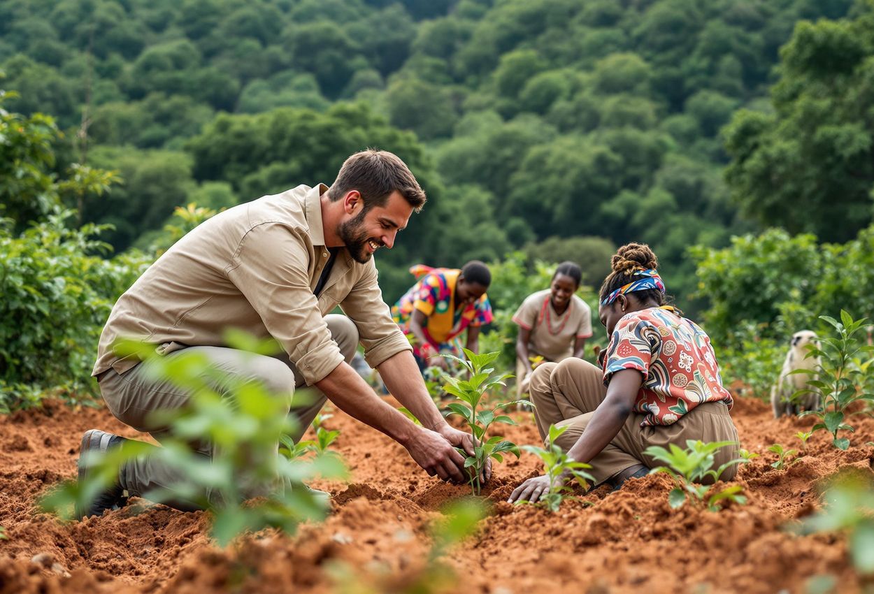 A photograph capturing a couple volunteering alongside local community members in Madagascar, actively participating in a conservation project to protect the island