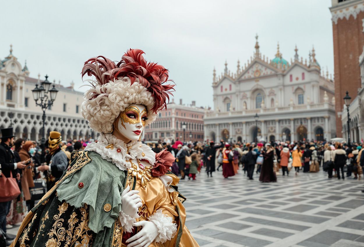 A captivating photograph capturing the vibrant energy of the Venice Carnival in St. Mark