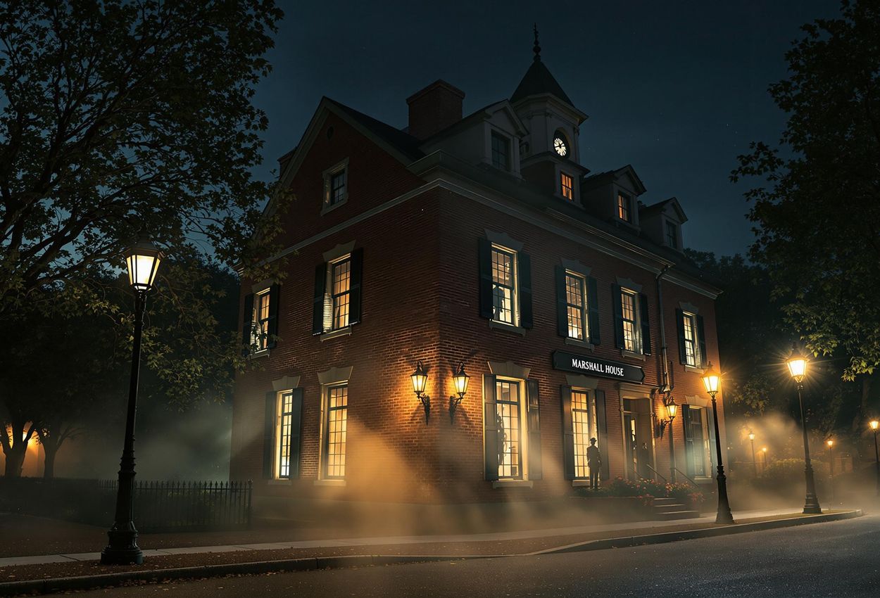 A captivating nighttime photograph of The Marshall House in Savannah, Georgia, showcasing its historic architecture and ghostly ambiance.