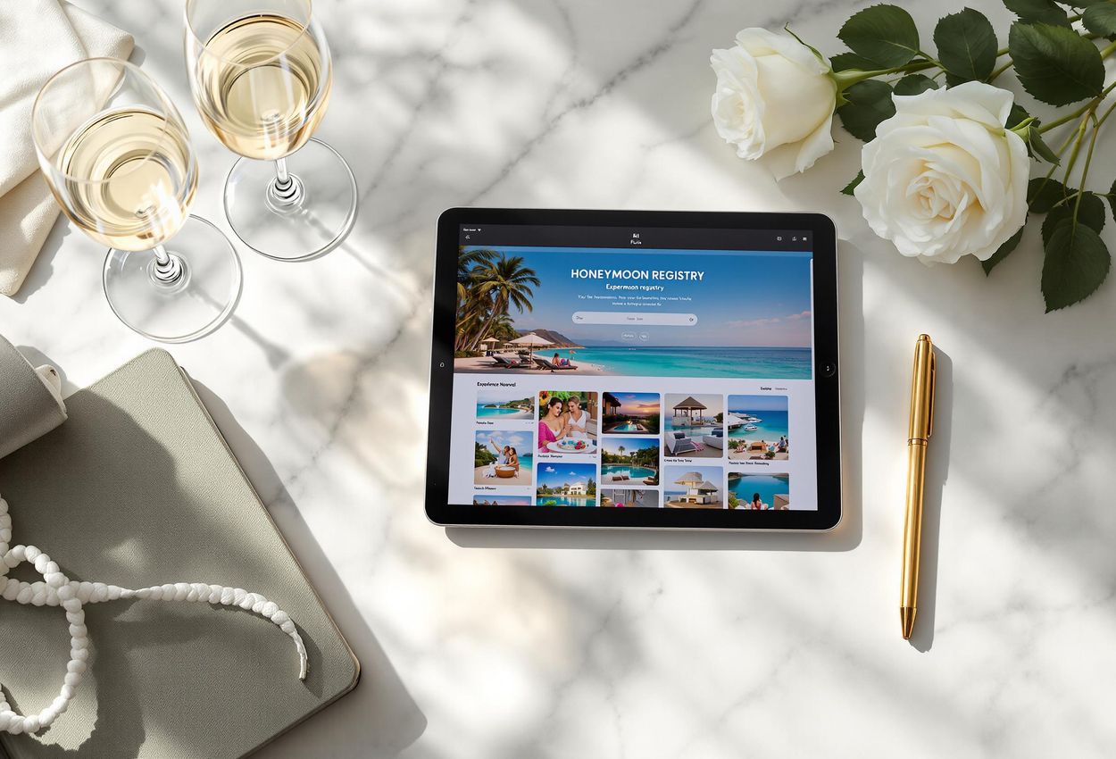 A still life photograph of a tablet displaying a honeymoon registry platform, showcasing experience-based gifts and activities for couples. The image captures the user-friendly interface and the variety of unique experiences available.