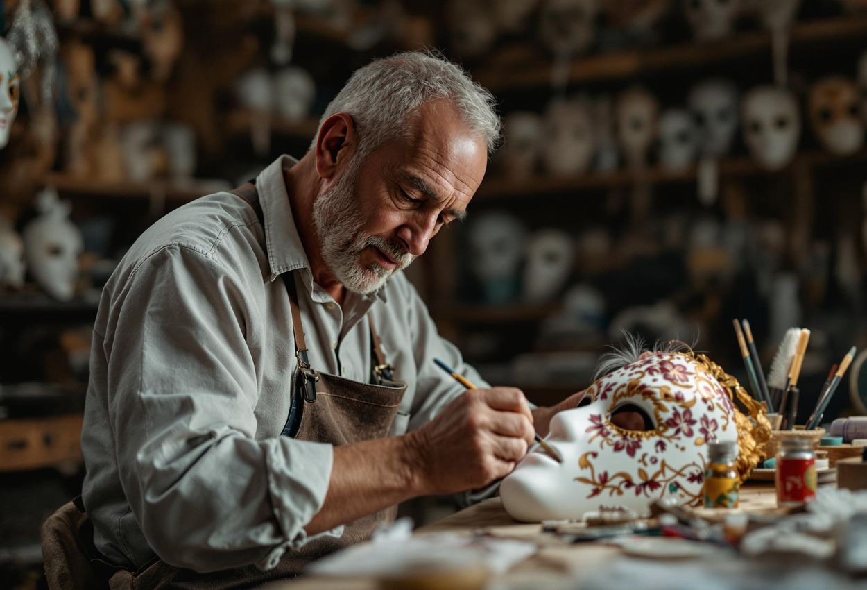 A close-up photograph captures a Venetian artisan meticulously hand-painting a traditional mask in his workshop, showcasing the intricate details and craftsmanship involved in this iconic Venetian art form.
