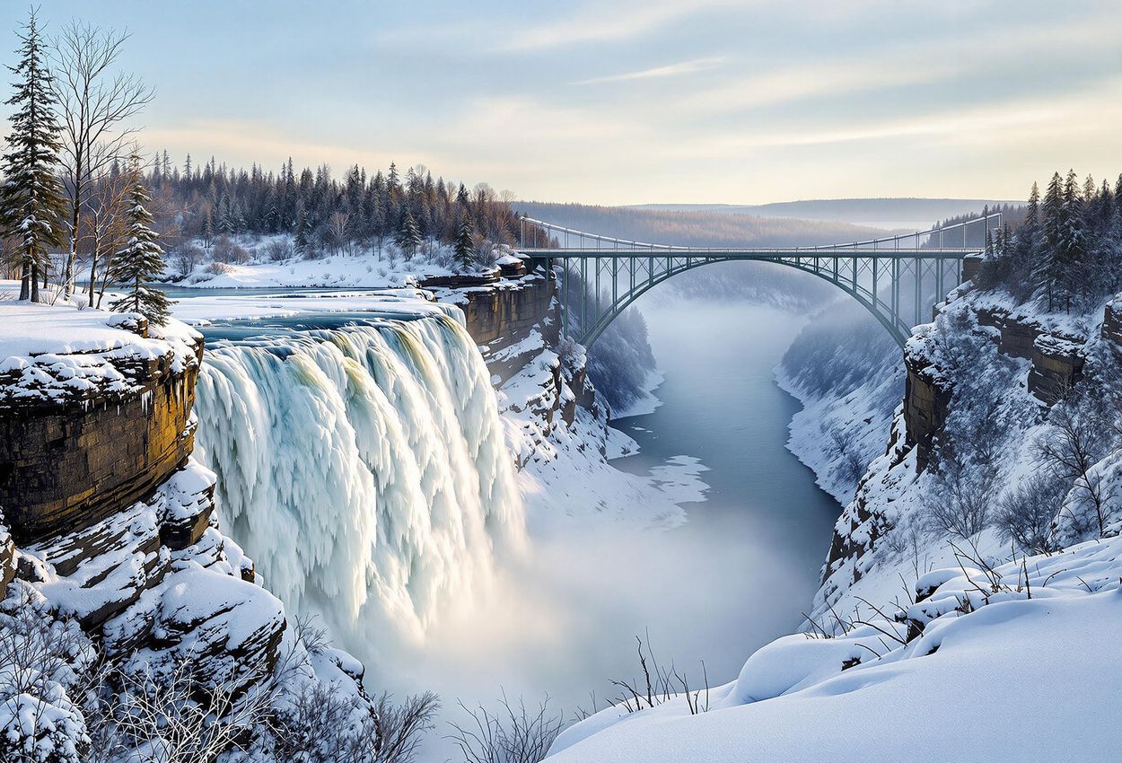 A stunning photograph of Montmorency Falls in winter, showcasing the majestic waterfall, the iconic suspension bridge, and the surrounding snow-covered landscape.