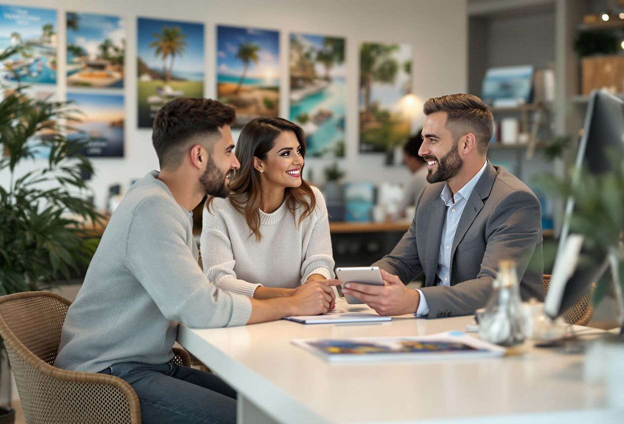 A photograph of a couple in a travel agency, consulting with a travel agent about their honeymoon plans. The scene is warmly lit and features modern decor.