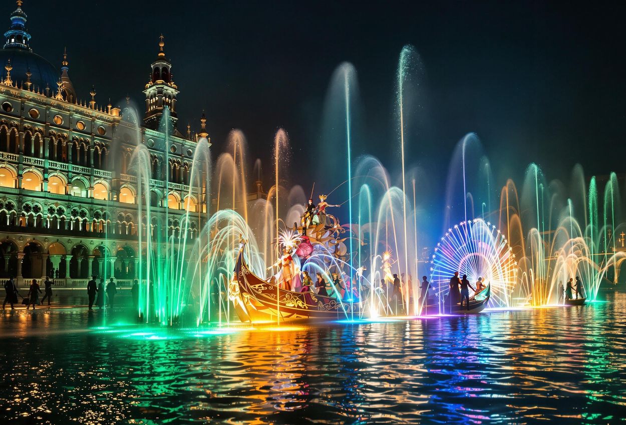 A stunning nighttime photograph captures the Venice Carnival water show at the Arsenale, showcasing dancing fountains, colorful lights, and performers in elaborate costumes.