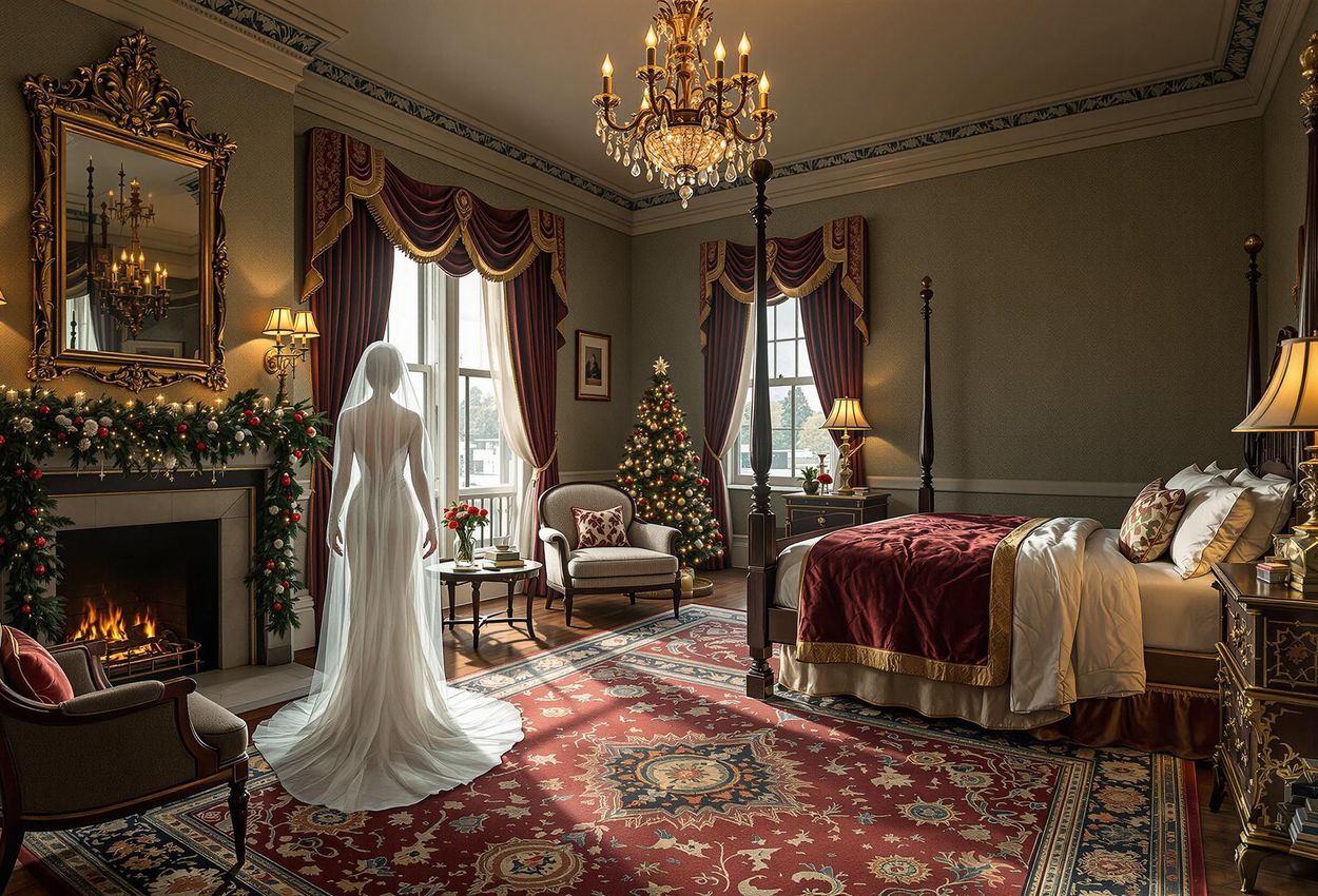 A photograph capturing the opulent interior of the Hamilton-Turner Inn in Savannah, featuring antique furnishings, rich fabrics, and a subtle ghostly figure, evoking a sense of history and mystery.