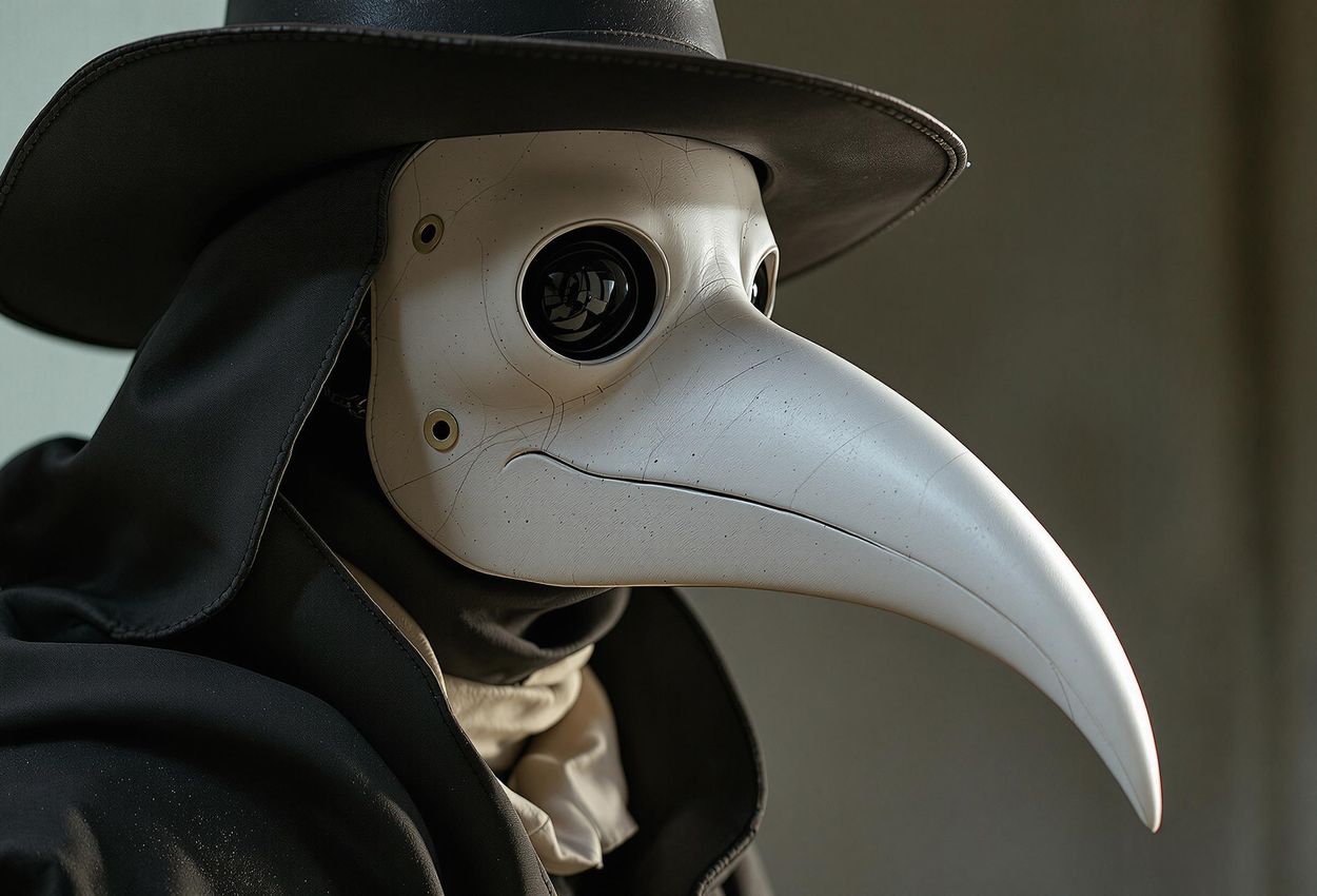 A striking portrait of a person in a traditional plague doctor costume, featuring a detailed mask with dark lenses, captured in diffused daylight.