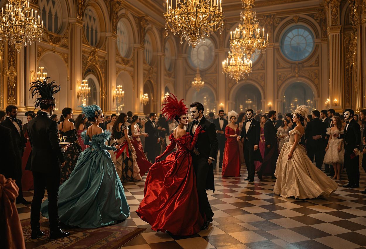 A wide-angle photograph capturing the opulence and elegance of a masquerade ball inside a grand Venetian palace, filled with people in elaborate costumes and masks.