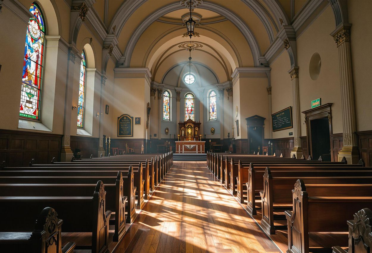 Interior view of the First African Baptist Church in Savannah, Georgia, showcasing its historic sanctuary, stained-glass windows, and original wooden pews.
