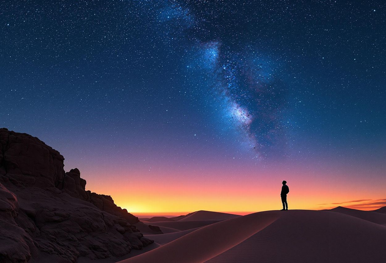 A panoramic photograph captures the vast Atacama Desert at twilight, with a lone figure silhouetted against the emerging Milky Way, evoking a sense of solitude and wonder.