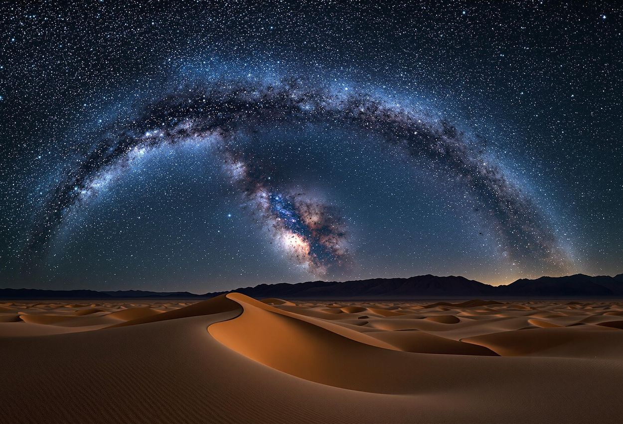 A stunning photograph of the Milky Way arching over the Atacama Desert at night, showcasing the breathtaking beauty of the night sky in one of the darkest places on Earth.