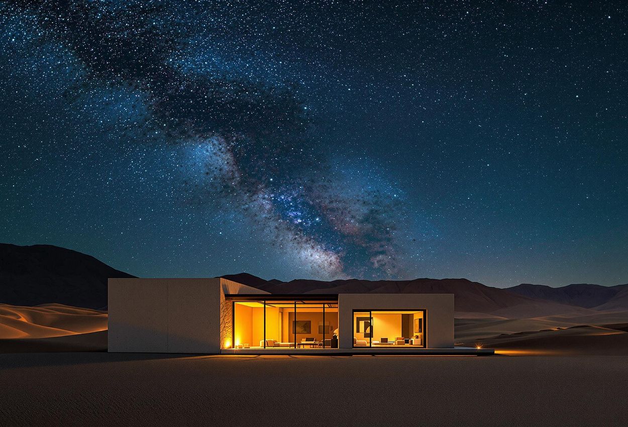 A breathtaking night view of a luxury lodge in the Atacama Desert, Chile, under a star-filled sky. Warm light emanates from the lodge, creating a serene and inviting atmosphere.