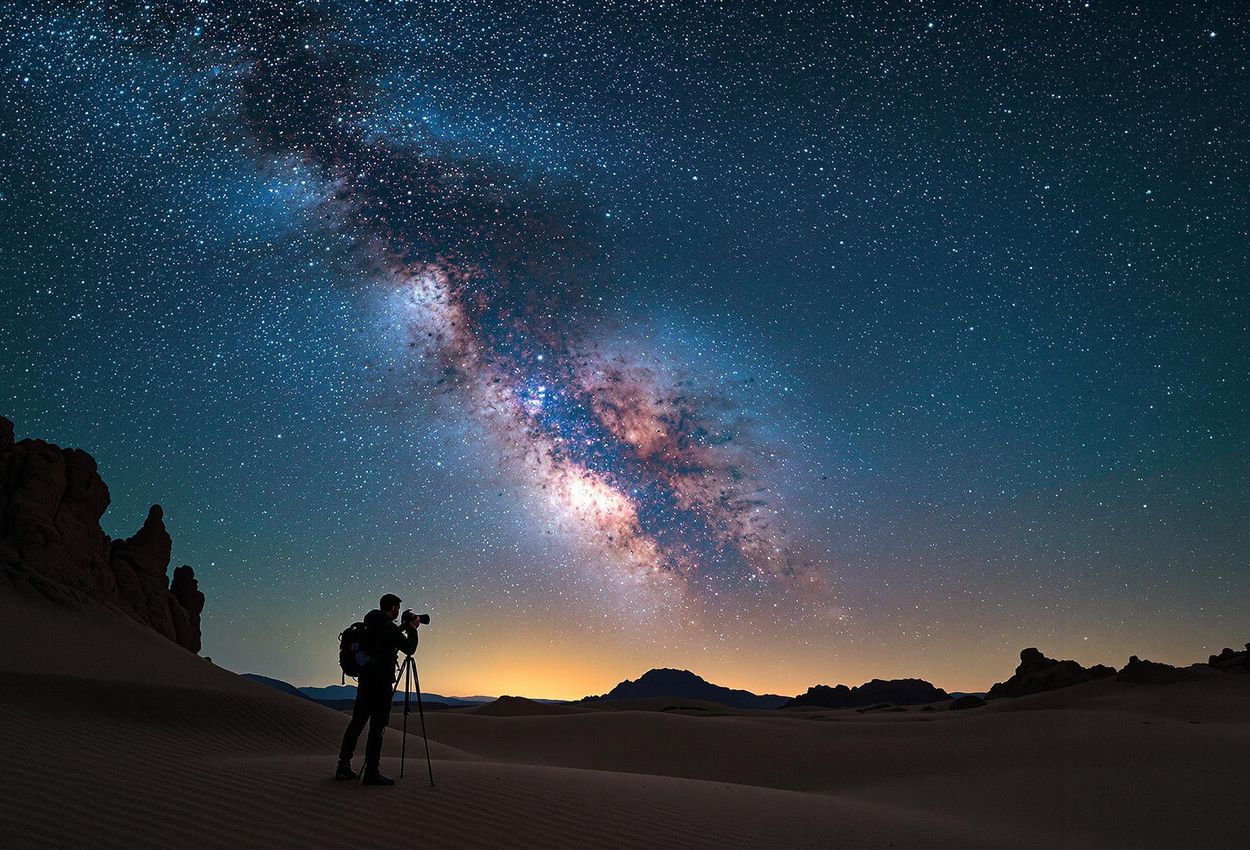 A stunning photograph of a photographer silhouetted against the Milky Way in the Atacama Desert. The image showcases the beauty and clarity of the Atacama night sky.
