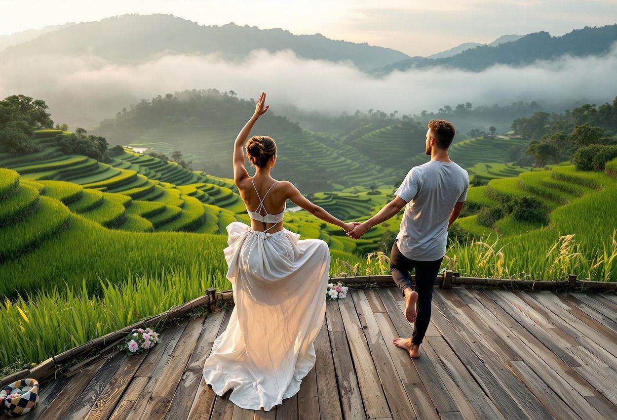 A visually stunning photograph capturing a couple practicing yoga on a wooden deck overlooking the lush green rice terraces of Bali at sunrise, evoking a sense of peace and tranquility.