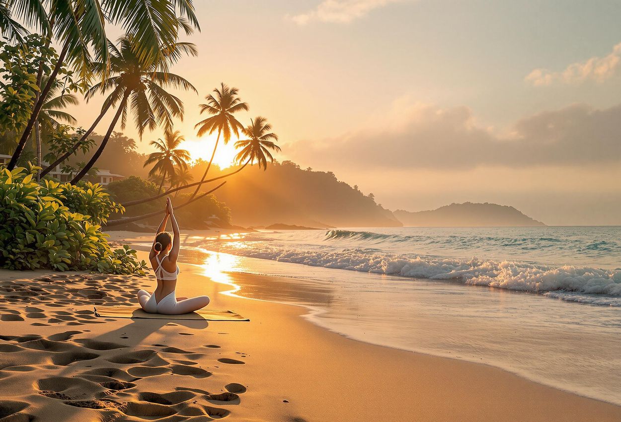 Beachfront Yoga at Soma Manaltheeram, Kerala A serene sunrise scene at Soma Manaltheeram Ayurvedic Beach Village in Kerala, India, featuring guests practicing yoga on the beach with the resort