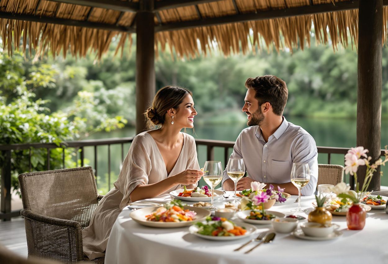 A medium shot of a couple enjoying a plant-based meal in the open-air Sakti Dining Room at Fivelements Retreat Bali. The Ayung River flows gently in the background.