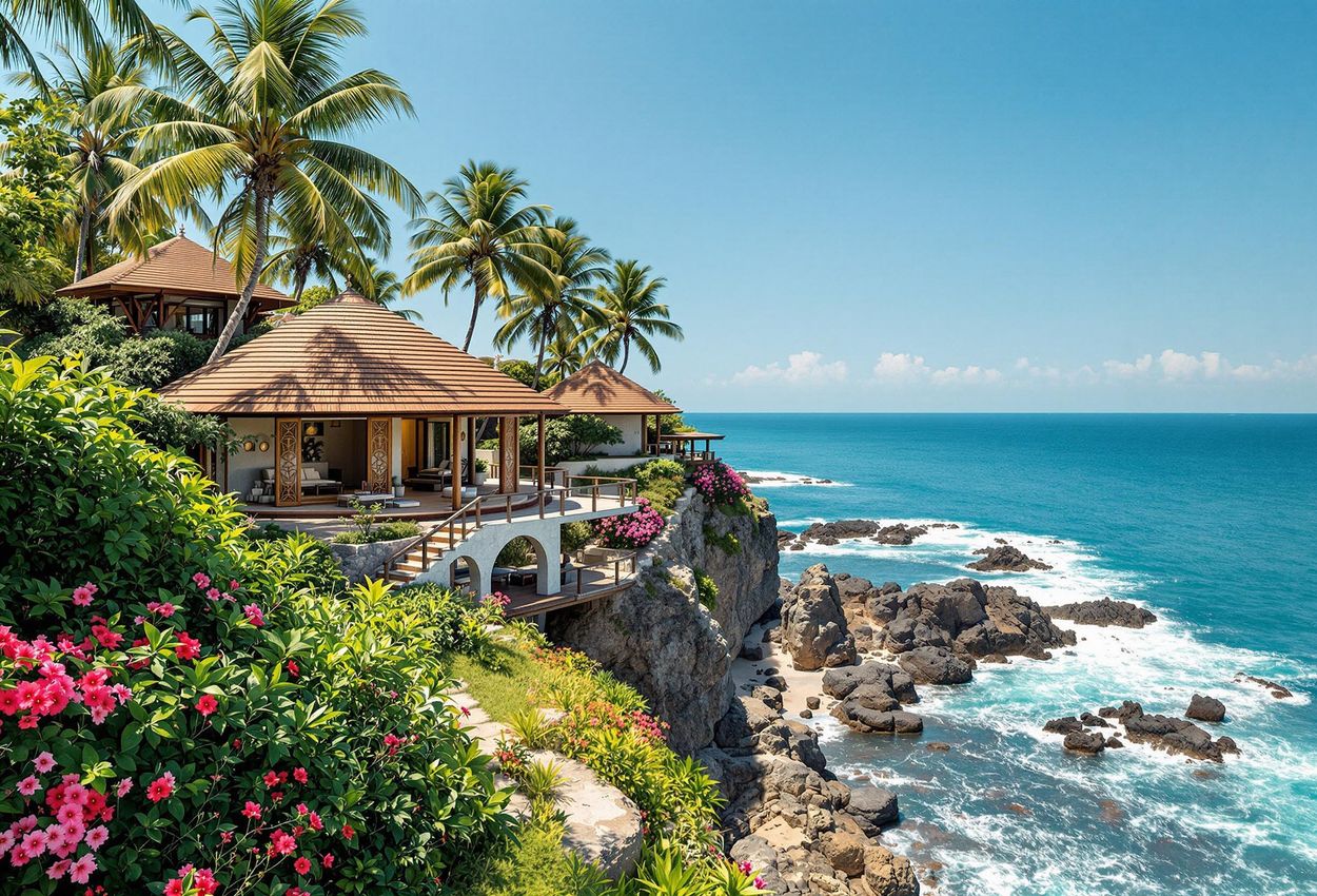 Niraamaya Retreats Surya Samudra: Cliff-Edge Luxury in Kovalam A stunning photograph of Niraamaya Retreats Surya Samudra in Kovalam, showcasing its cliff-edge location, traditional Keralite architecture, and serene atmosphere. The Octagon, Ayurveda Rooms, and lush tropical surroundings are beautifully captured.