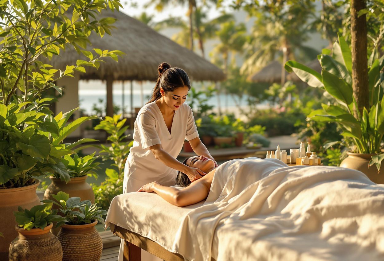 Serene Ayurvedic Treatment at Somatheeram Ayurveda Village, Kerala A photograph capturing a peaceful Panchakarma treatment at Somatheeram Ayurveda Village in Kerala, India. The image showcases traditional Ayurvedic therapies amidst lush greenery and a tranquil beachfront setting.