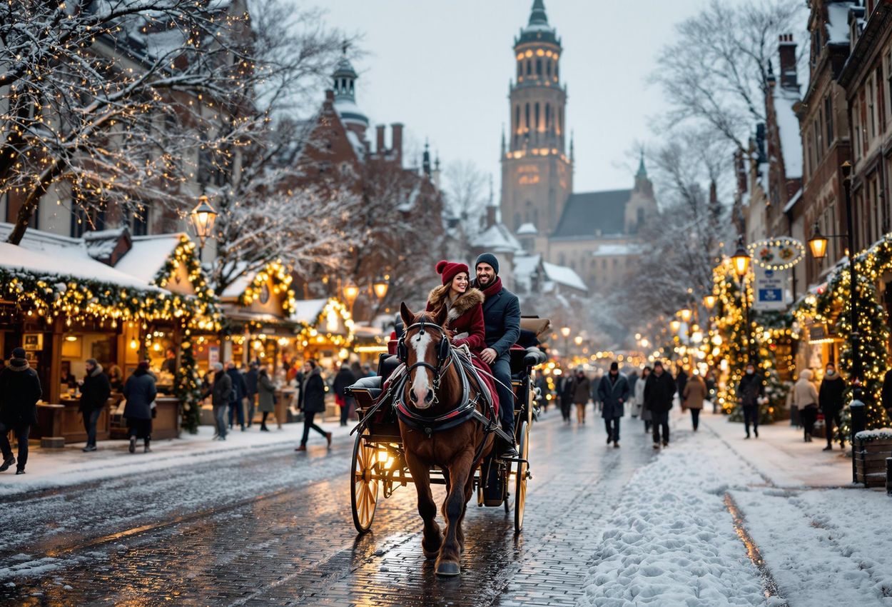 A photograph capturing a horse-drawn carriage carrying a couple through the snow-covered Grote Markt in Bruges during the Winter Glow event, with the iconic Belfry in the background.