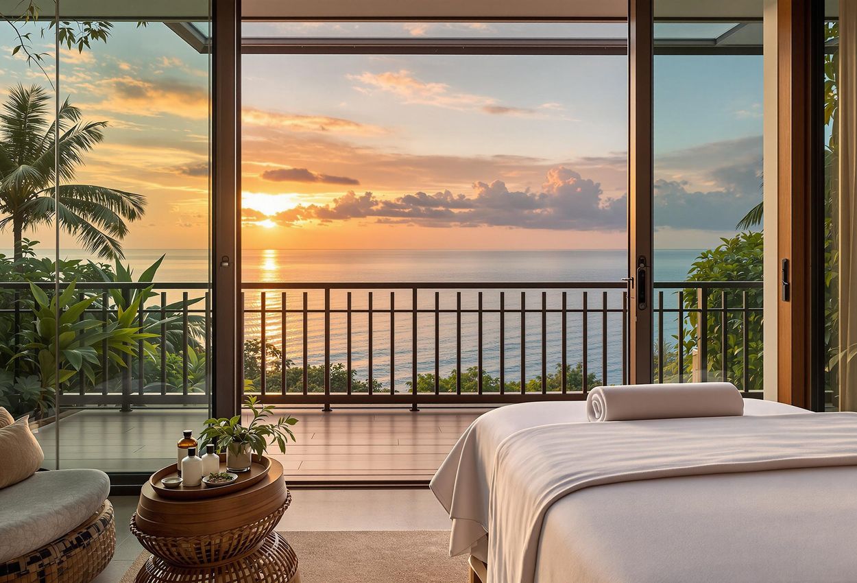 Luxury Ayurveda Retreat with Arabian Sea Sunset View A serene photograph captures a luxurious Ayurveda retreat with a stunning sunset view over the Arabian Sea. The image showcases a modern suite with in-room treatments and a private balcony.