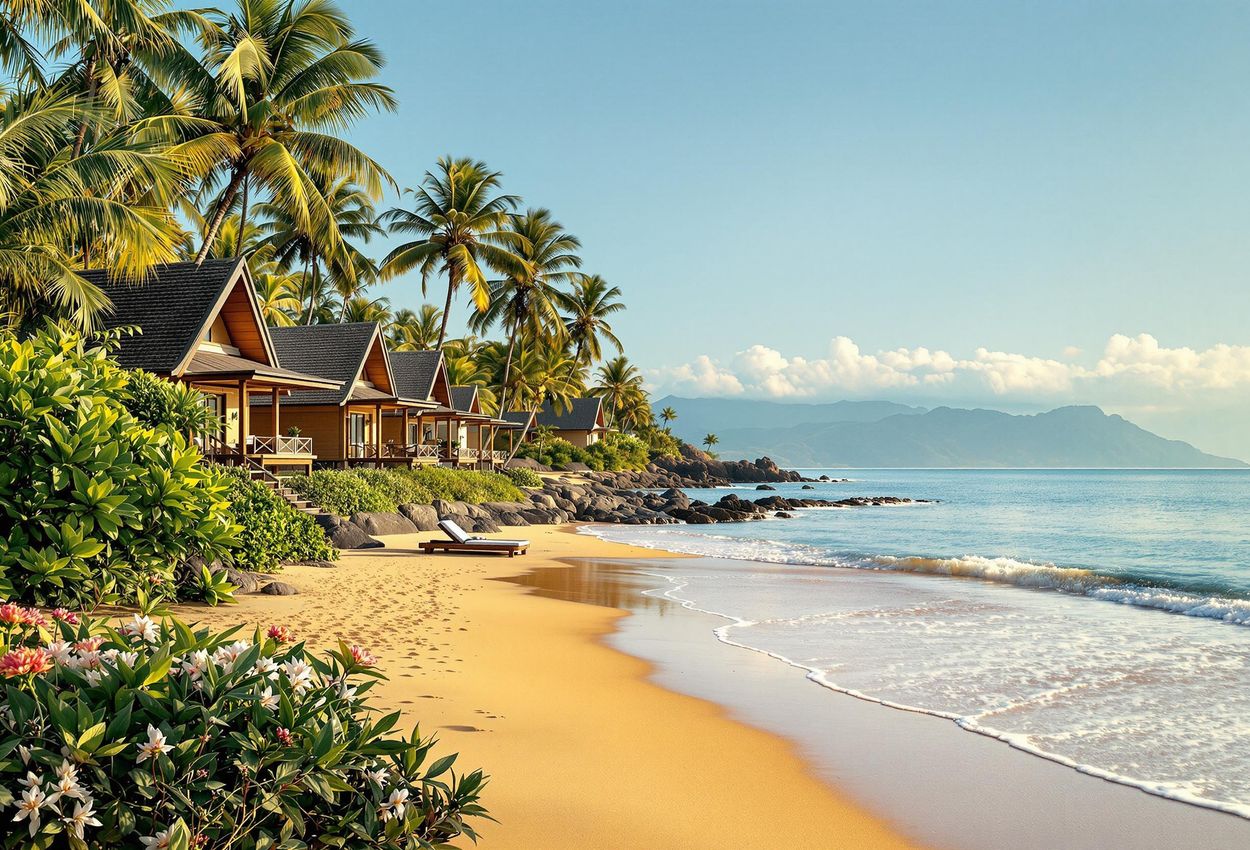 Serene Coastal Escape at Sitaram Beach Retreat, Kerala A tranquil photograph of Sitaram Beach Retreat in Kerala, showcasing its serene wooden cottages, golden light, and the calming Arabian Sea, embodying holistic healing and relaxation.