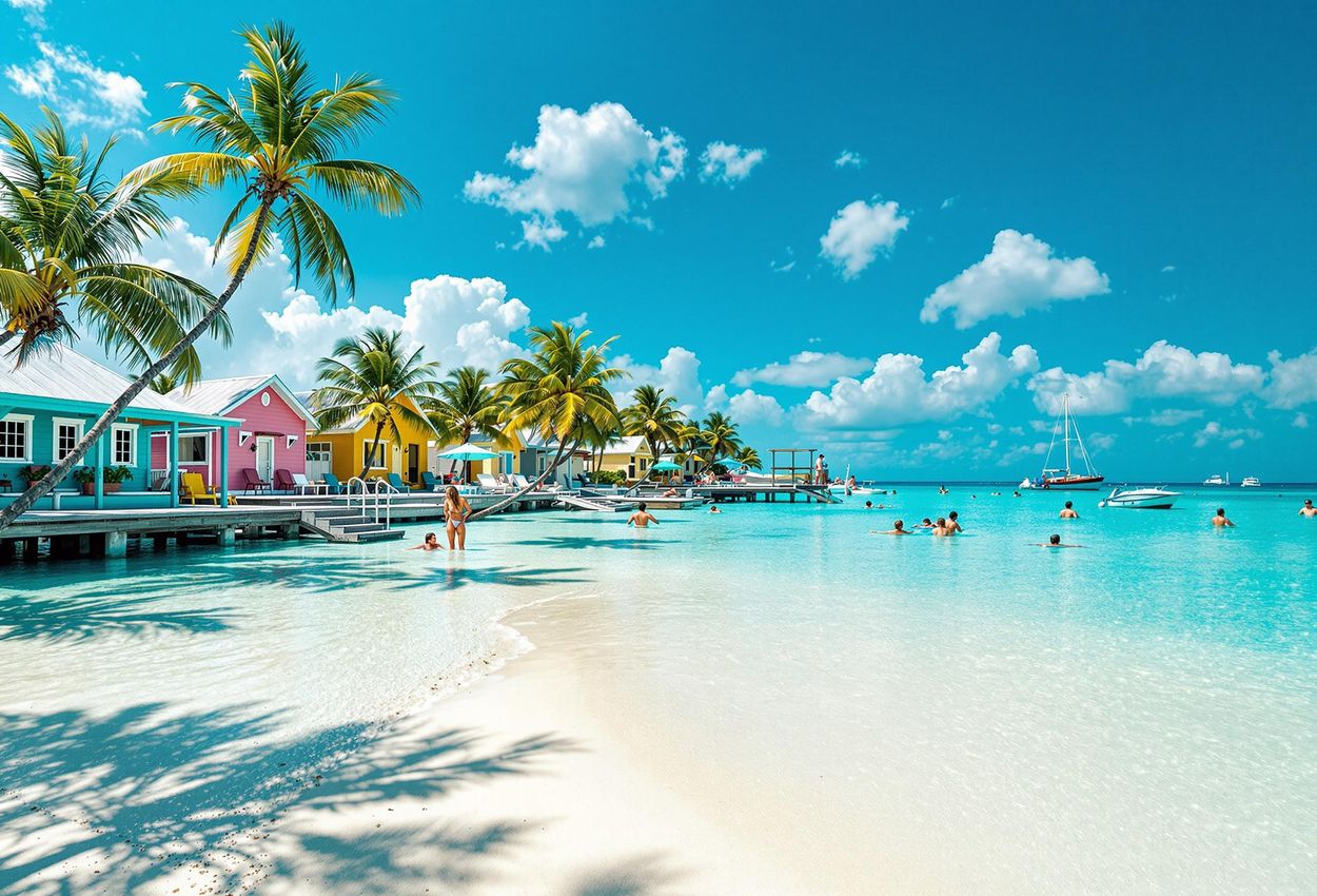 A serene eye-level photograph of The Split in Caye Caulker, Belize, featuring turquoise waters, swaying palm trees, and colorful wooden houses on a sunny day.
