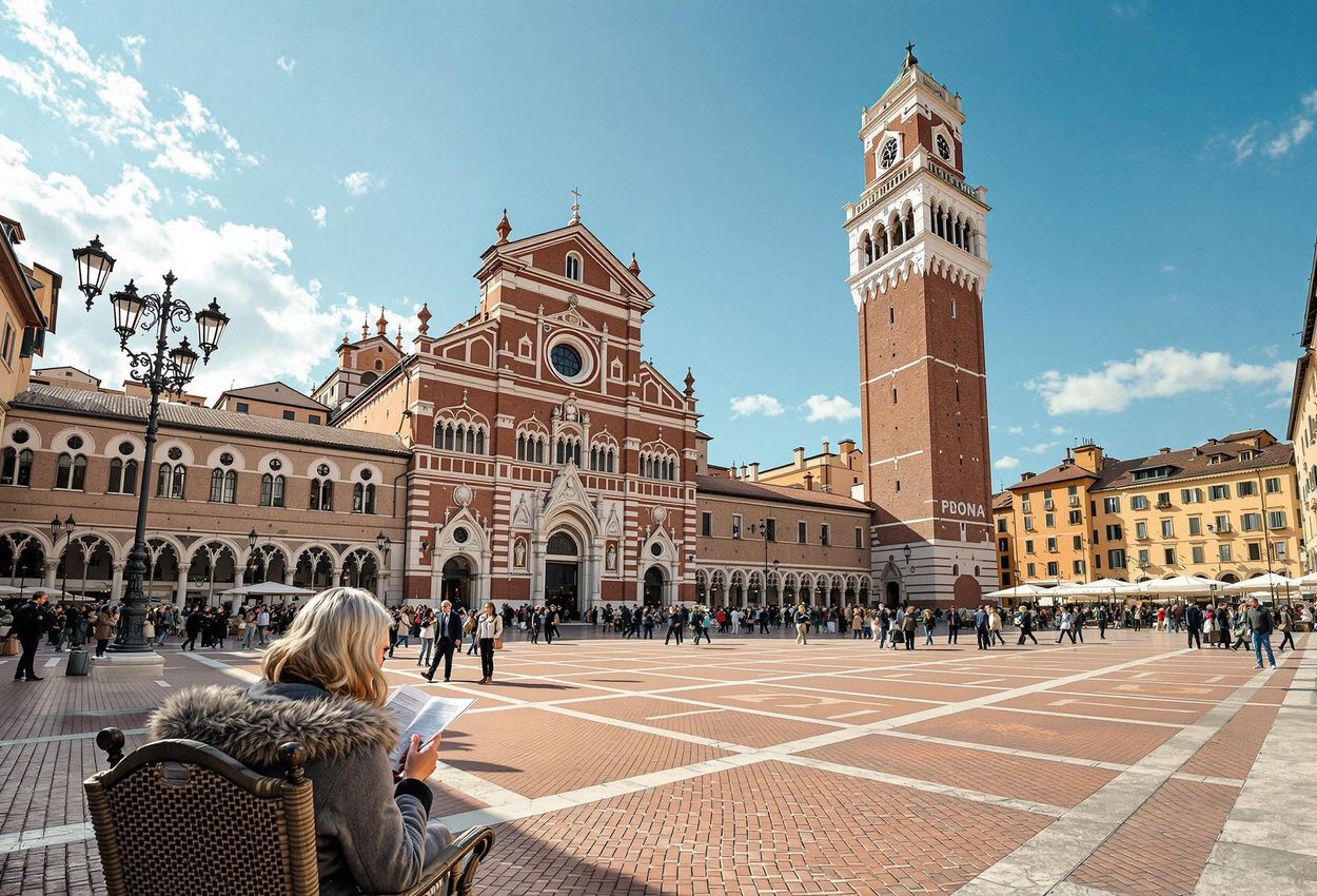 A wide-angle photograph capturing the vibrant Piazza del Campo in Siena, Italy, on a crisp February morning. The image showcases the square