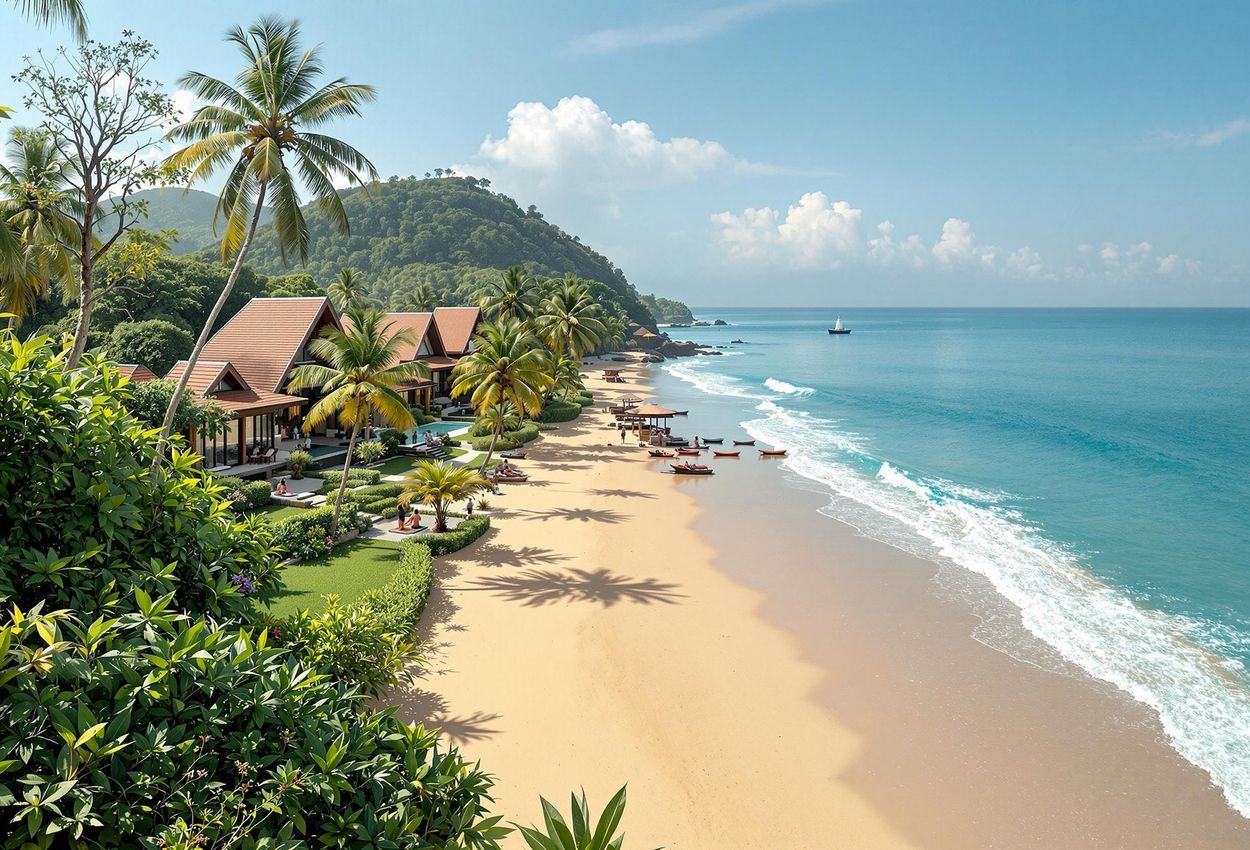 Nattika Ayurvedic Wellness Beach Resort, Kerala - A Luxurious Escape A serene landscape photograph of Nattika Ayurvedic Wellness Beach Resort in Kerala, showcasing its lush gardens, pristine beach, and traditional villas. A tranquil destination for holistic healing and luxurious relaxation.