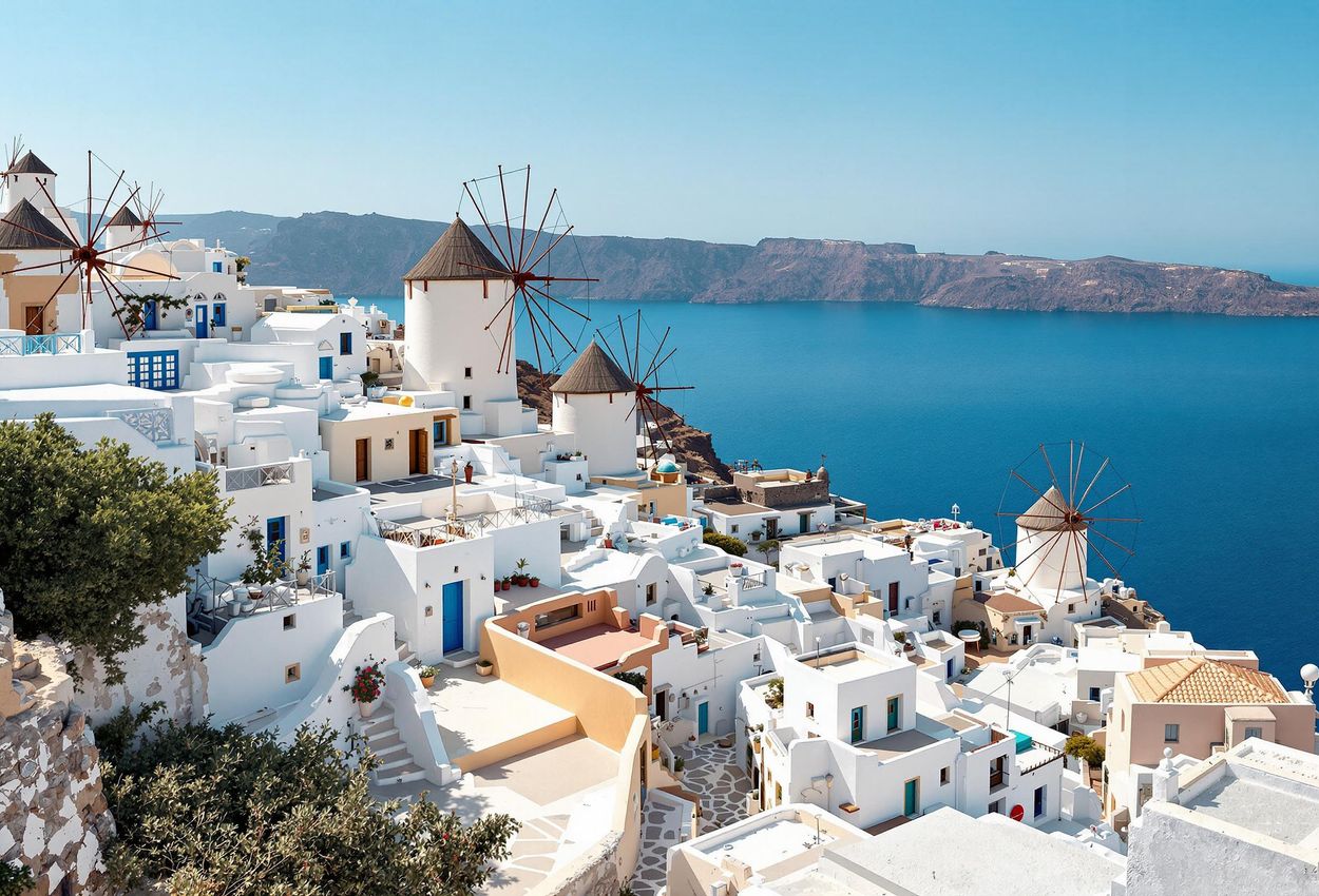 A high-angle view of Chora in Astypalea, Greece, showcasing the whitewashed buildings, windmills, and the Aegean Sea. A picturesque scene capturing the essence of traditional Greek island life.
