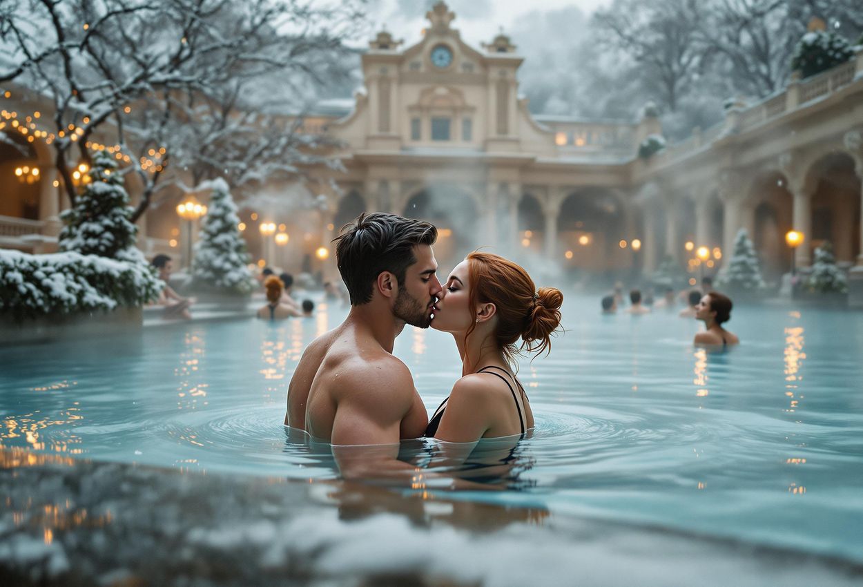 A photograph captures a couple kissing in the warm, steamy waters of Budapest