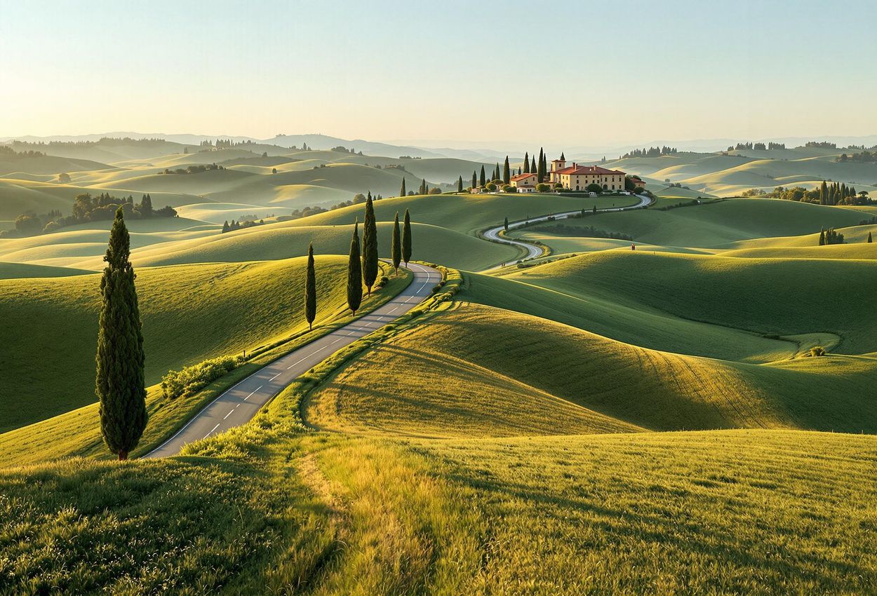 An aerial photograph captures the rolling hills of Val d