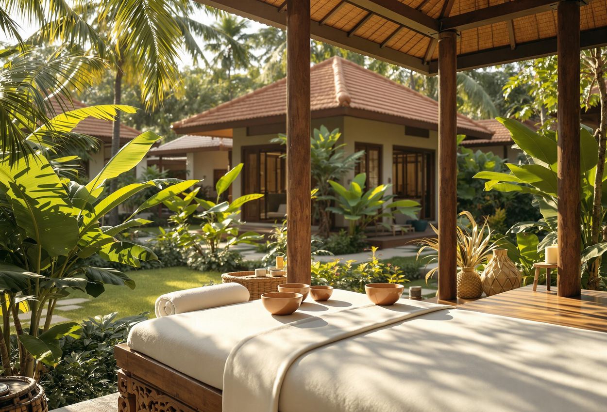 Softouch Ayurveda Village: A Luxurious Kerala Retreat A telephoto photograph showcasing the serene beauty of Softouch Ayurveda Village in Chalakudy, Kerala. The image captures the resort