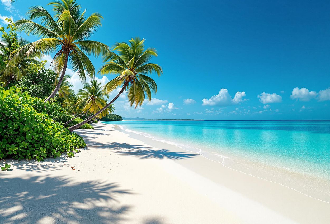 A stunning photograph of Morere Beach in Boipeba, Brazil, showcasing its pristine white sand, turquoise waters, and lush palm trees. A perfect escape to a romantic and untouched tropical paradise.