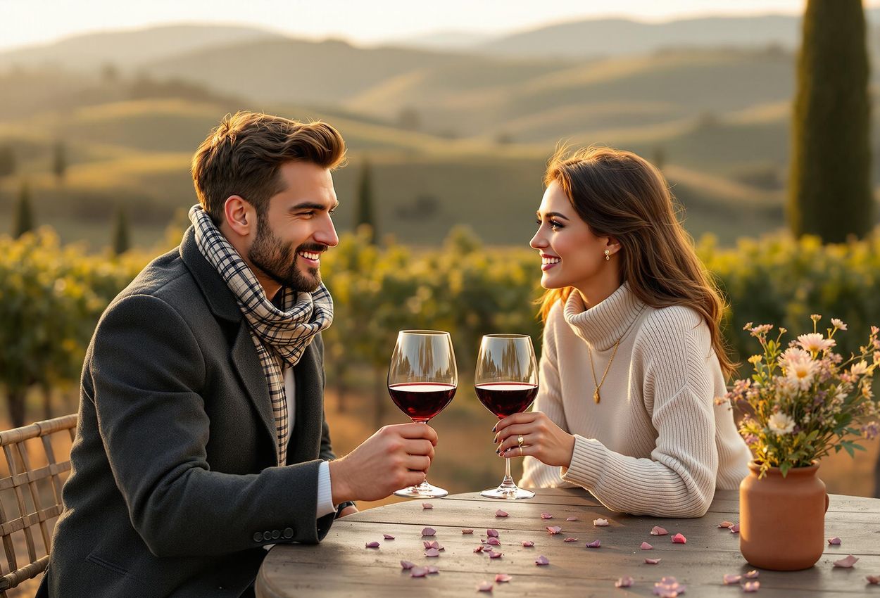 A couple savors red wine at a Montepulciano winery, overlooking the Val d