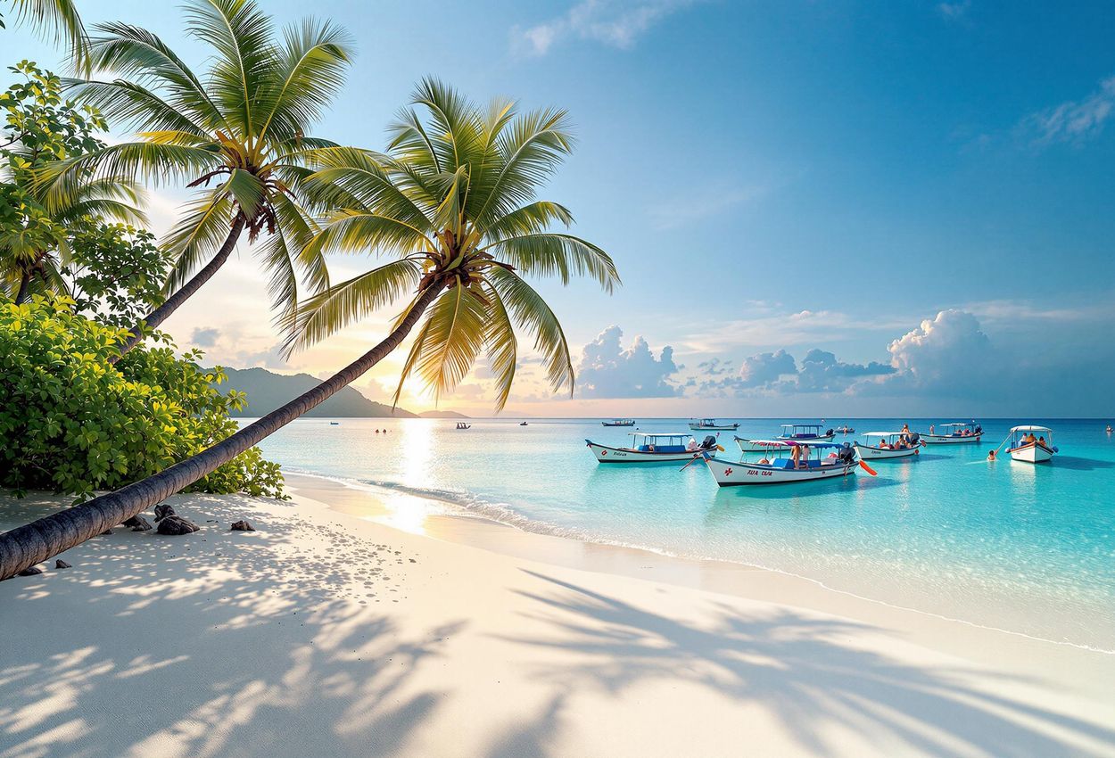 An eye-level photograph capturing the serene beauty of Sunrise Beach in Ko Lipe, Thailand, featuring pristine white sand, crystal-clear turquoise waters, and vibrant coral reefs under a warm, golden sunrise.