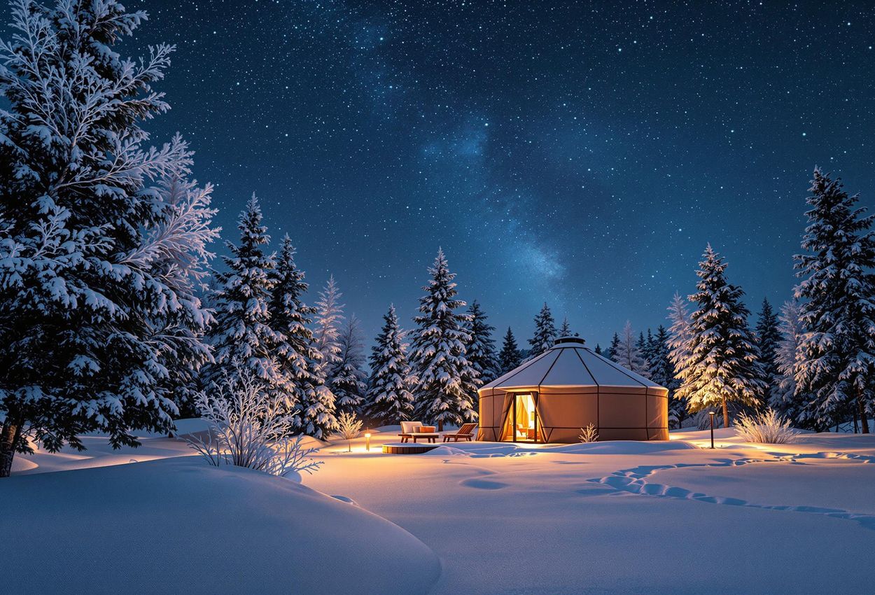 Experience the magic of winter in the Adirondack Mountains with this stunning photograph of a luxury glamping site, offering unparalleled stargazing opportunities and a romantic escape.