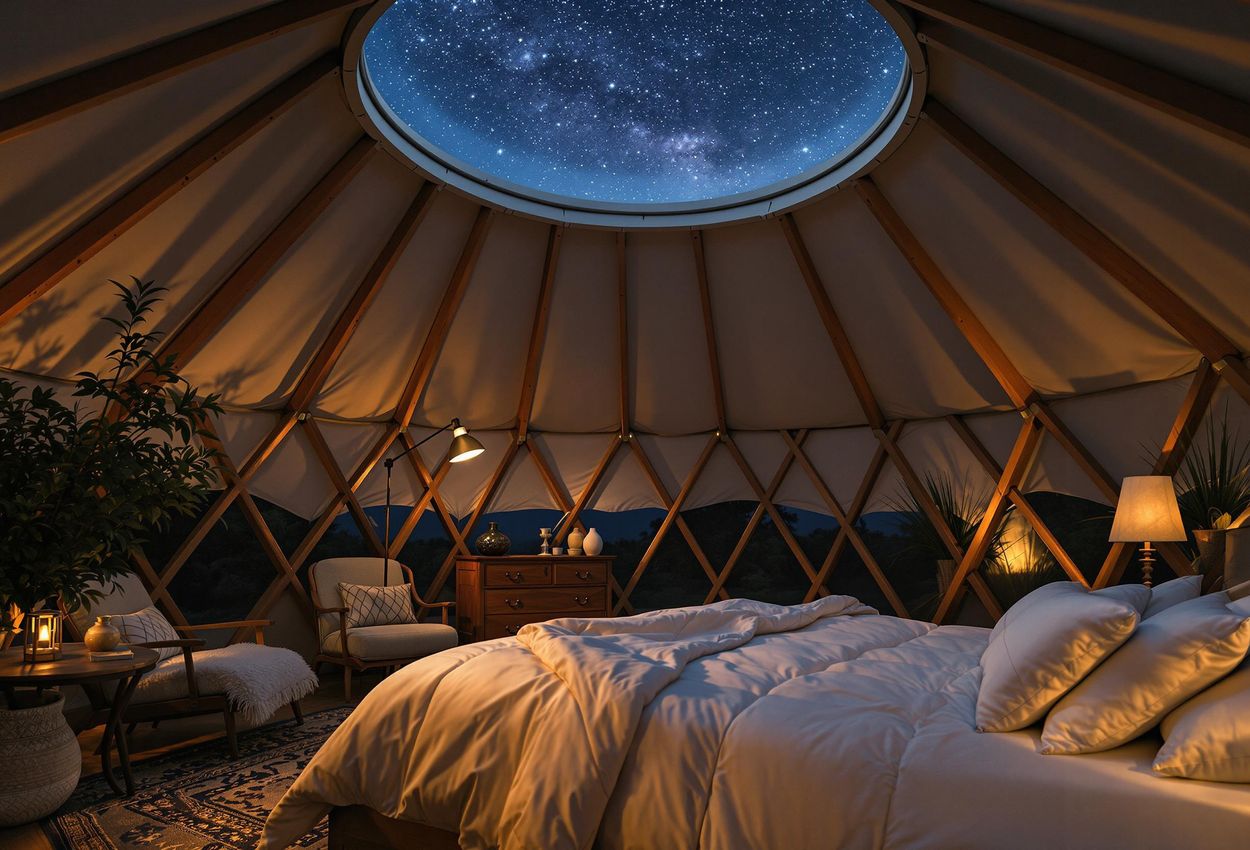 A serene photograph capturing the intimate ambiance of a luxury yurt at night, featuring a plush king-size bed beneath a panoramic skylight filled with stars.