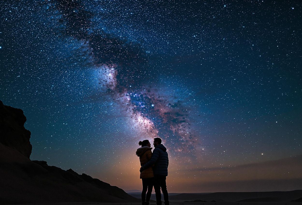 A captivating photograph of a couple silhouetted against a starlit sky in the Namib Desert, Namibia, using a telescope during a glamping trip. The image captures the beauty of the Milky Way and the intimacy of the moment.