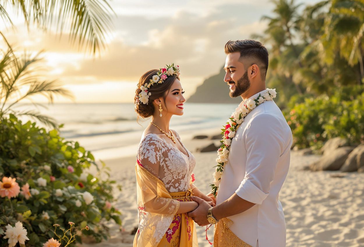 A captivating photograph of a Balinese couple exchanging vows on a tropical beach at sunset, surrounded by traditional music and cultural elegance.
