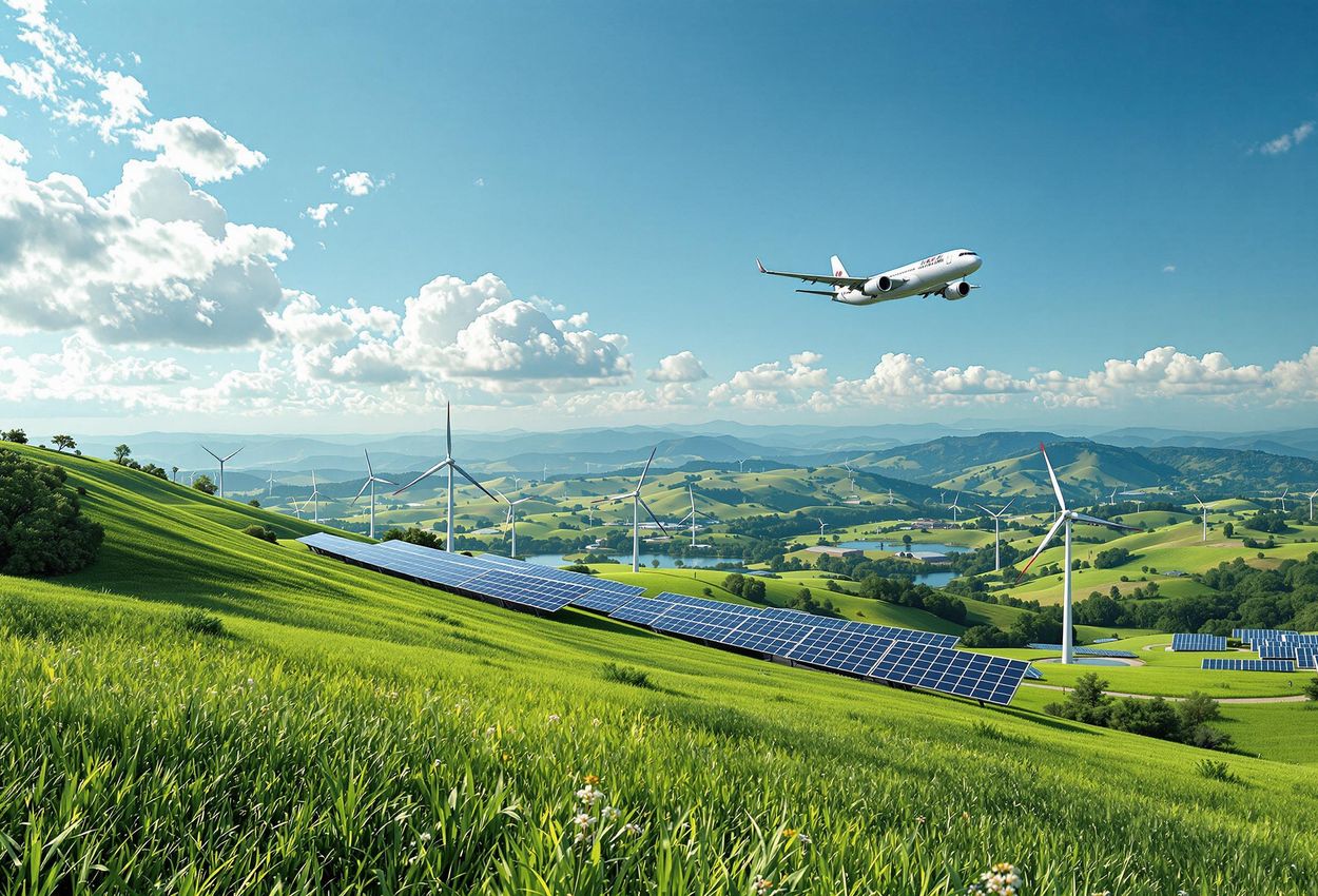 A landscape photograph showing an airplane flying over a lush green landscape with wind turbines and solar panels, highlighting the contrast between air travel and sustainable energy.