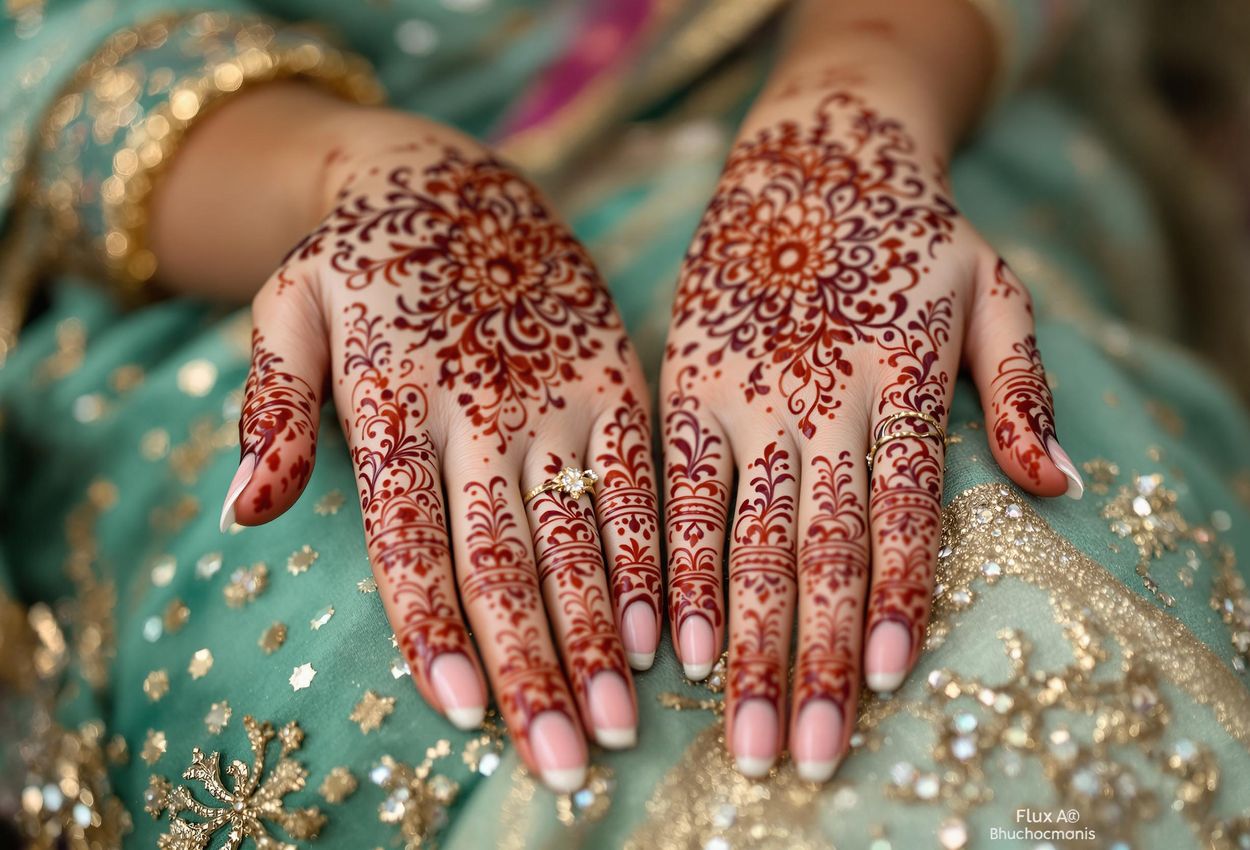 A close-up photograph showcasing the detailed henna art on a bride