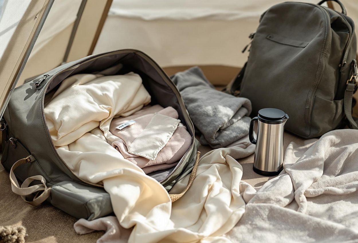 A meticulously arranged glamping packing scene featuring silk pajamas, a cashmere blanket, high-end toiletries, a portable espresso maker, hiking boots, and a stylish backpack, illustrating the perfect blend of luxury and adventure.